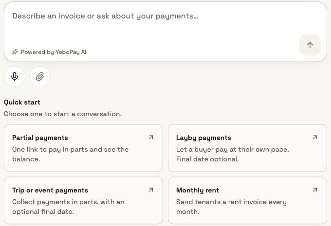 Assistant composer with voice controls and partial payment, layby, trip and monthly rent starter cards
