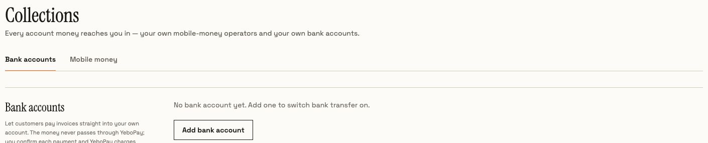 Collections screen with Bank accounts and Mobile money tabs and Add bank account control