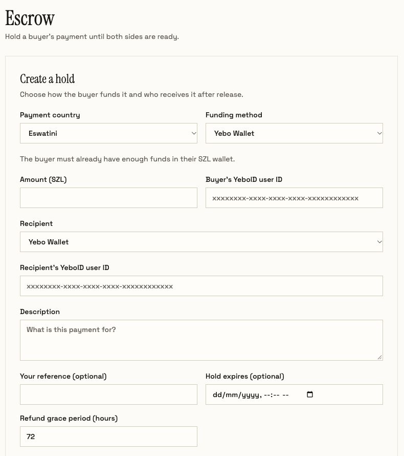 Live escrow creation form showing funding country, wallet method, amount, buyer, recipient and expiry