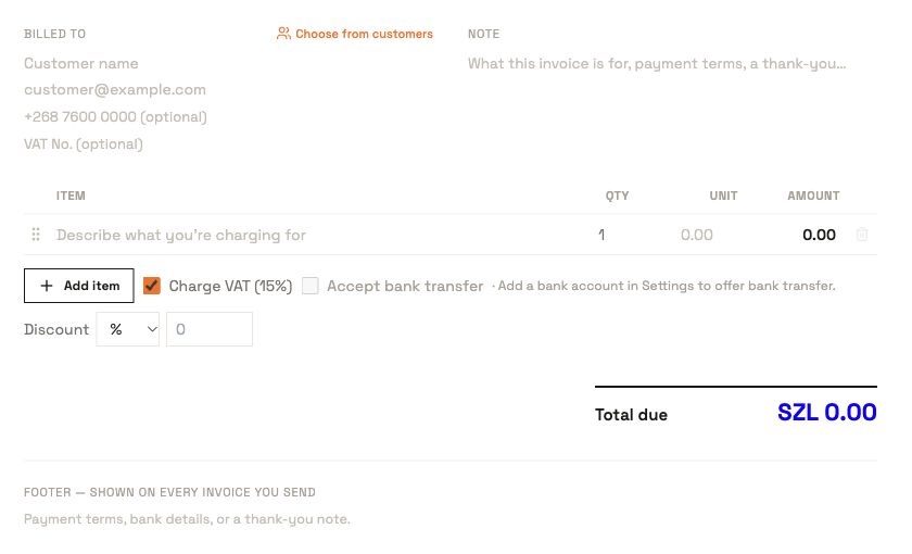 Blank invoice editor with customer fields, line items, tax, discount and total
