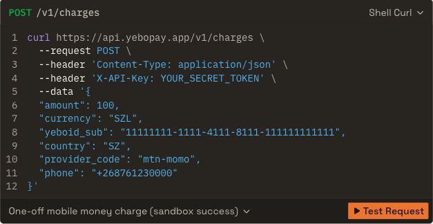 YeboPay API reference showing the Create a charge example and placeholder credentials