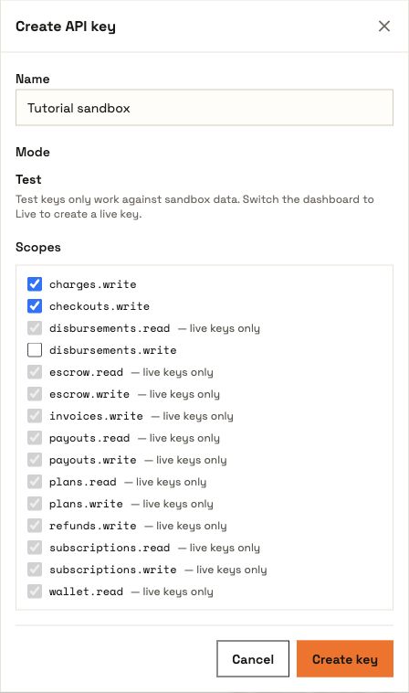 Create API key dialog showing Test mode, a tutorial name and the charge and checkout scopes